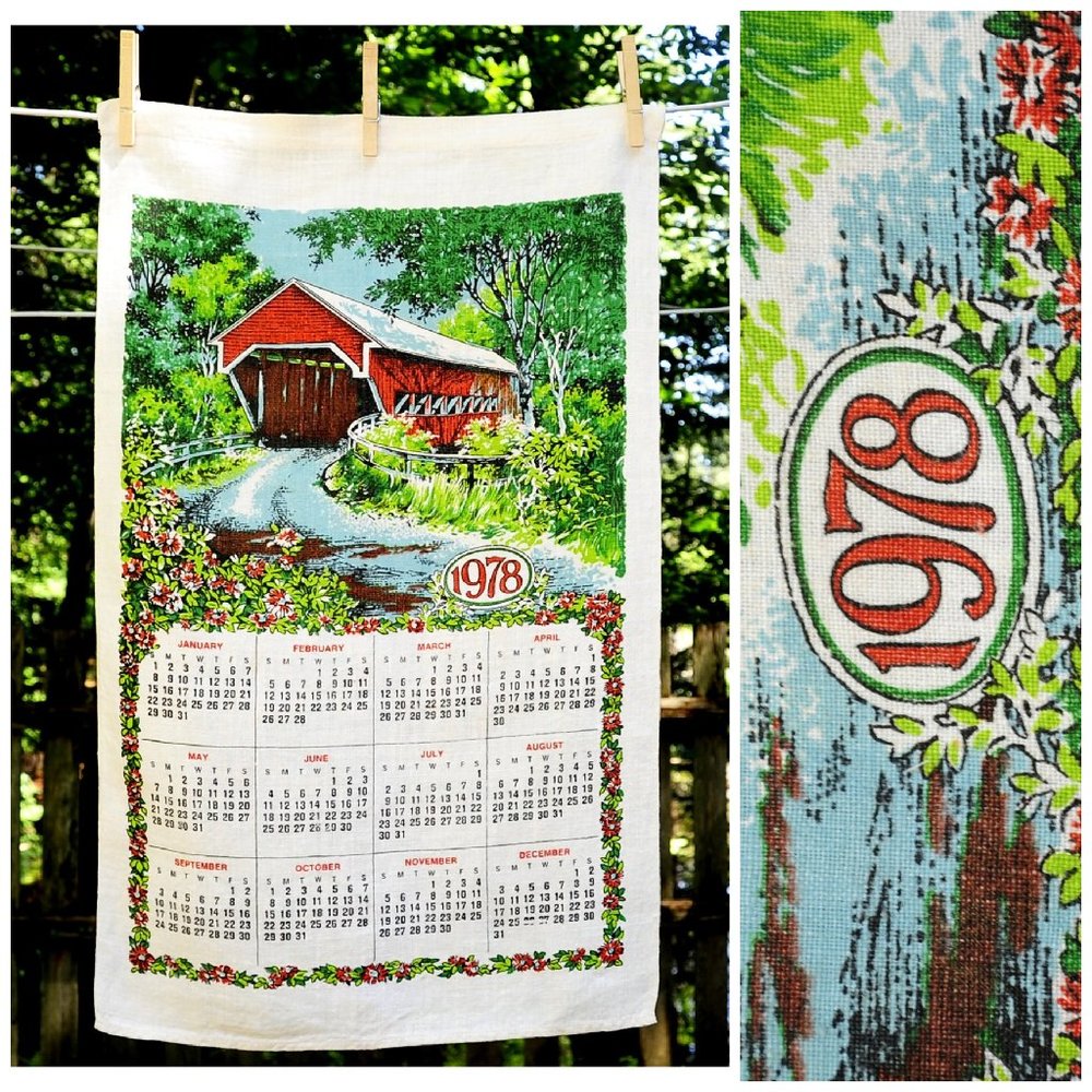 Vintage 1978 Red Covered Bridge in Spring/Summer w/ Flowers Calendar Tea Towel